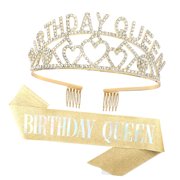 SKYSONIC Rose Birthday Queen Rhinestone Tiara and Sash - Birthday Glitter Decorations for Women (Multi Color Letter)