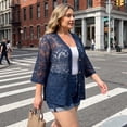 thumbnail image 3 of Agnes Orinda Women's Plus Size Halloween Outfits Cardigan Crochet Hollow Out Button Front V Neck 3/4 Sleeve Cover Up Casual Knit Cardigans 3X Blue, 3 of 8