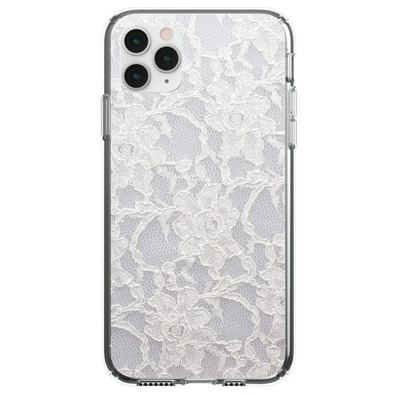 DistinctInk Clear Shockproof Hybrid Case for iPhone 11 Pro MAX (6.5" Screen) - TPU Bumper, Acrylic Back, Tempered Glass Screen Protector - White Lace Wedding