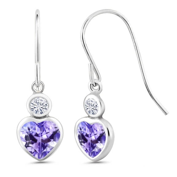 Gem Stone King 14K White Gold Dangle Earrings Heart Shape Tanzanite Moissanite (1.20 Cttw)