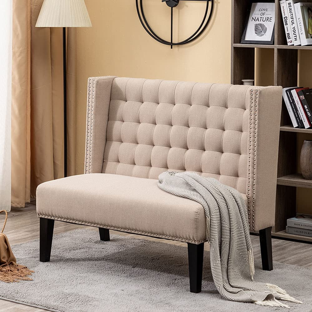 Andeworld Modern Loveseat Settee  Sofa Upholstered Banquette Couch for Dining Living Room Hallway or Entryway Seating Funiture with Wooden Legs,Putty