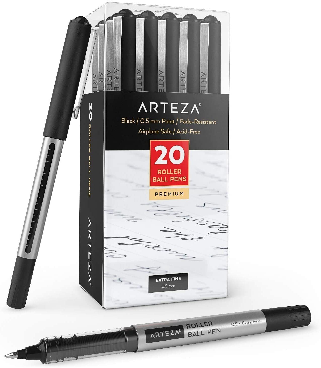 Arteza Roller Ball Pens, Black Ink, Extra Fine 0.5 mm - 20 Pack
