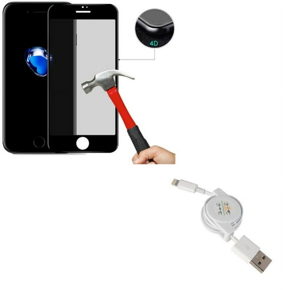 iPhone 7/8 PLUS Privacy Screen Protector w USB Cable - Tempered Glass Curved Anti-Spy Anti-Peep, Retractable Charger Power Cord for iPhone 8 PLUS/7 Plus