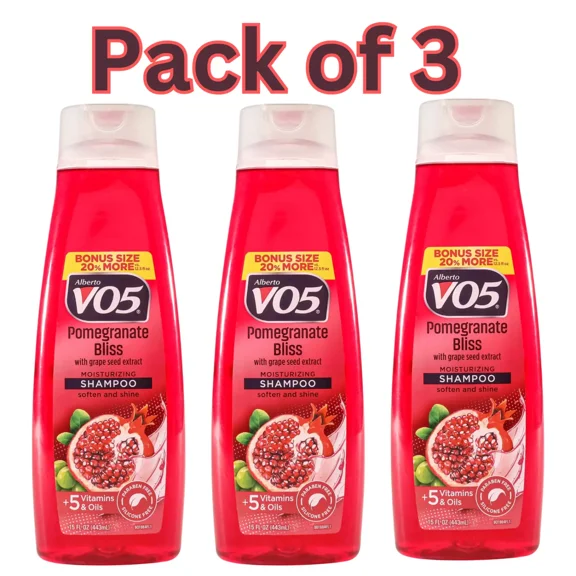 Alberto VO5 Pomegranate Bliss Shampoo with Grape Seed Extract, 15 fl oz (443 ml) - Pack of 3, Moisturizing, Paraben-Free, Silicone-Free