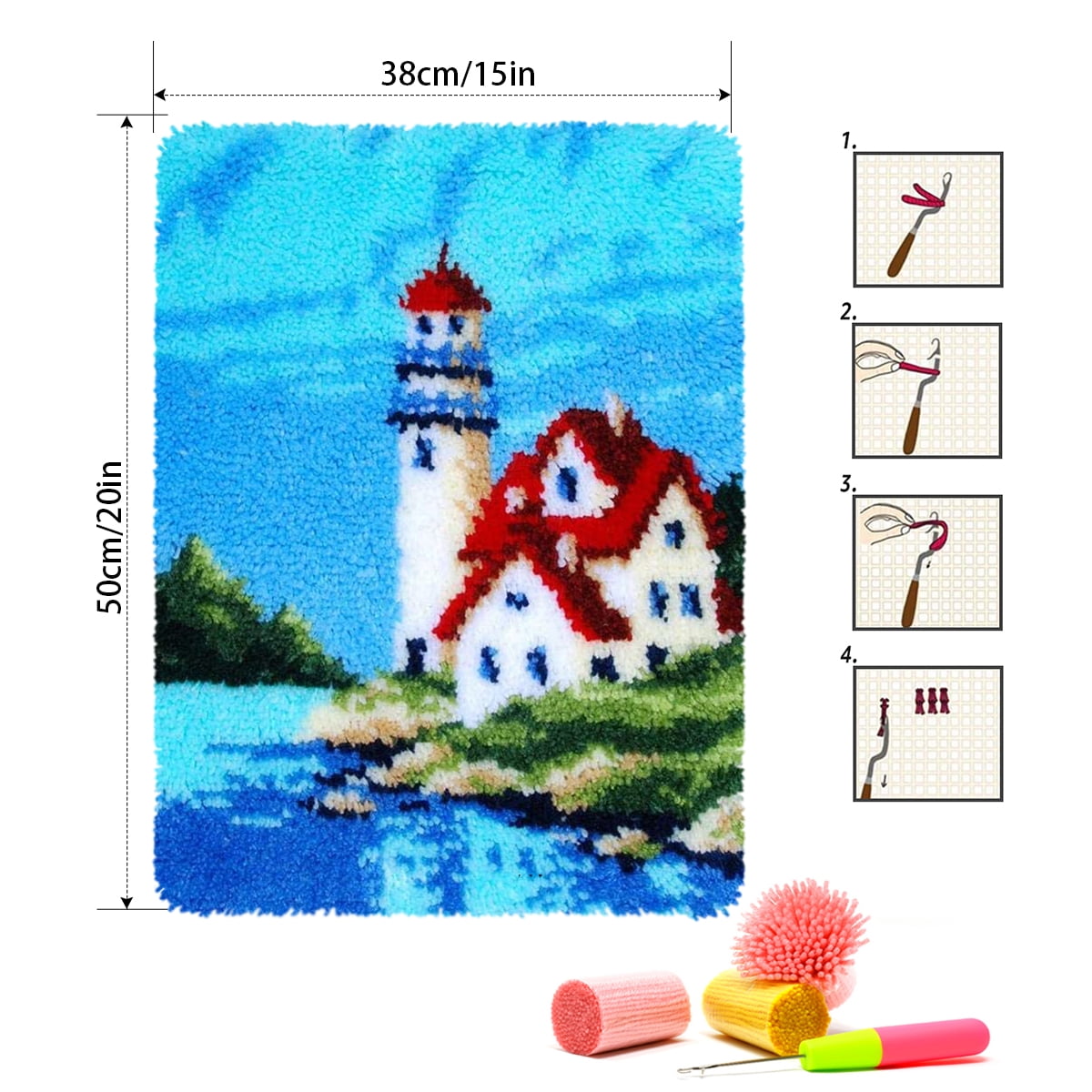 Latch hook rug kit,latch hook cushion kits,Lighthouse Latch Hook Rug Kit for Adults Crocheting Carpet Rug Yarn Sofa Cushion Mat Tapestry DIY Carpet Arts Crafts 50×38cm/20*15in