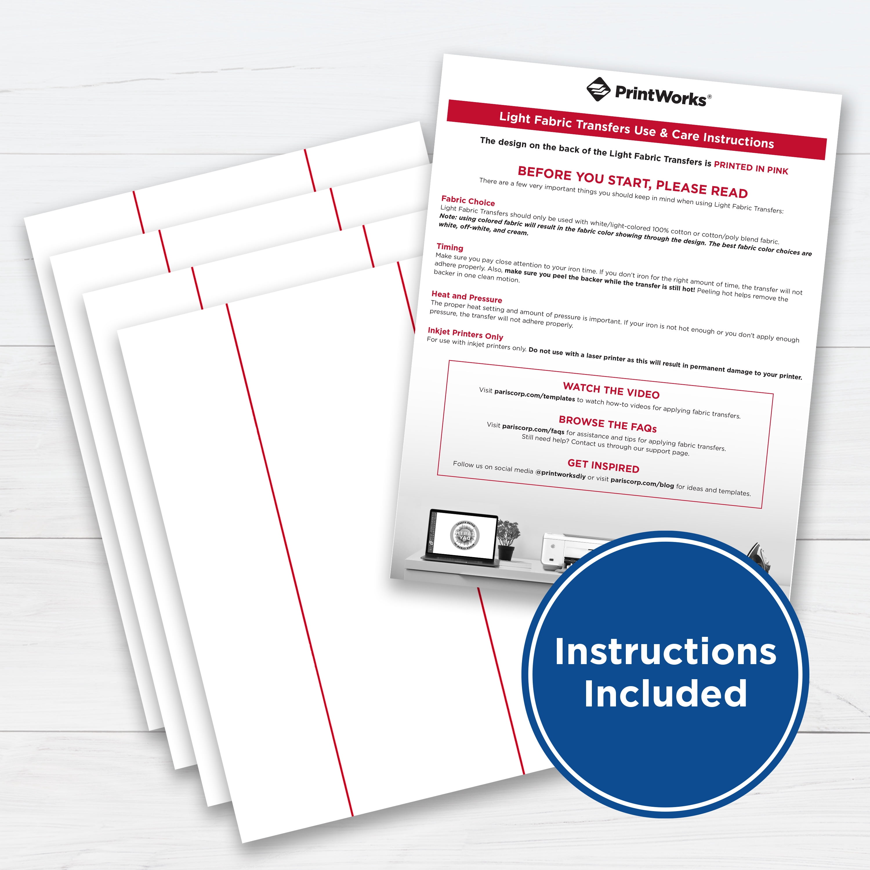 PrintWorks Bulk T-Shirt Transfer for Use on White Fabrics Only, for Inkjet Printers, 1900 Sheets, 8.5” x 11”