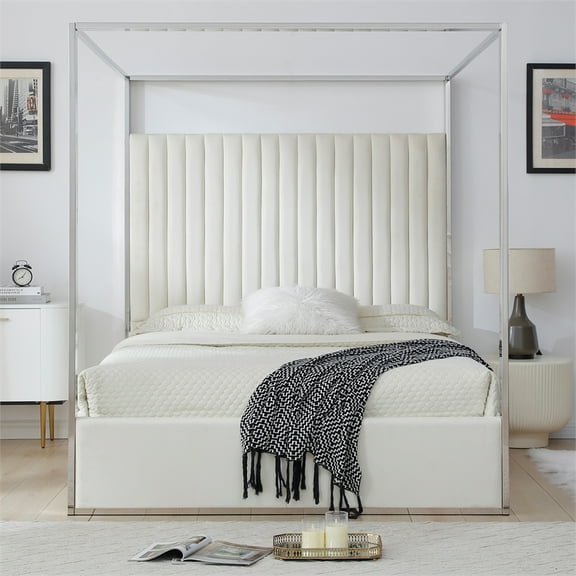 Jeffrey Canopy Velvet Upholstered Queen Bed Frame In Cream