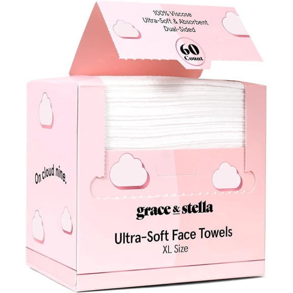 Grace & Stella Disposable Face Towels, Ultra-Soft Facial Cleansing & Makeup Removal Wipes, Lint-Free Absorbent Towels, 60 Count