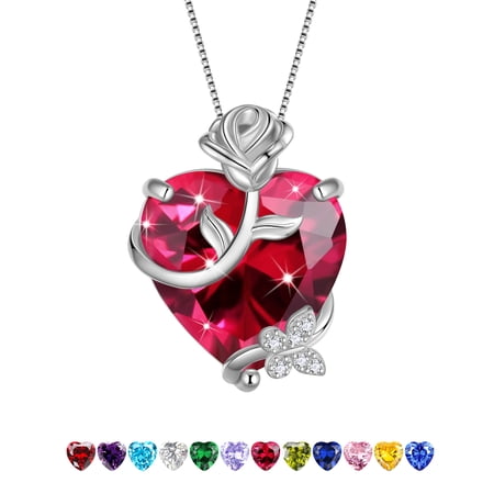 Juwaliy 15MM Women Rose Heart Necklace July Birthstone 925 Sterling Silver Flower Butterfly Jewelry Pendant Red Ruby Mother Birthday Valentine's Day Gift