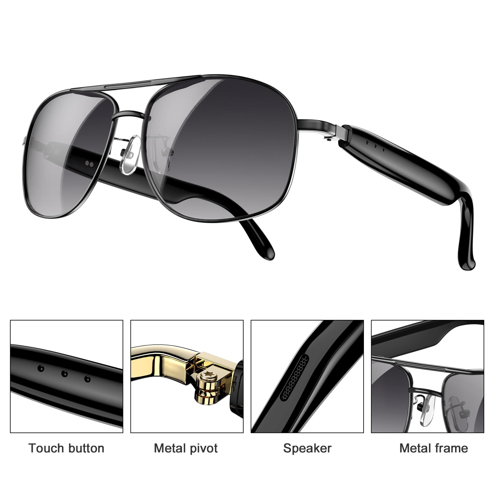 LUOMATE Smart Glasses with Bluetooth Audio, Sunglasses with Voice Assistant, Open Ear Speaker, LensTouch Control for Travel Work Business (Black)