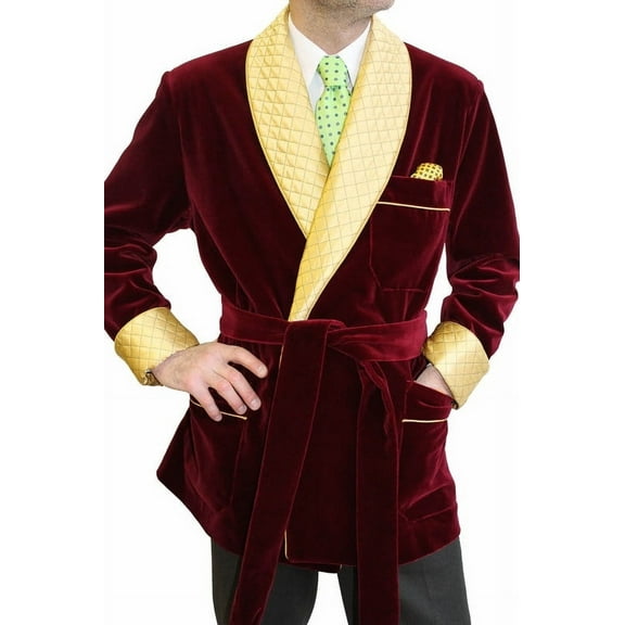 Mens Quilted Maroon Velvet Smoking Jacket & Dressing Gown – Luxurious Evening Wear Robe