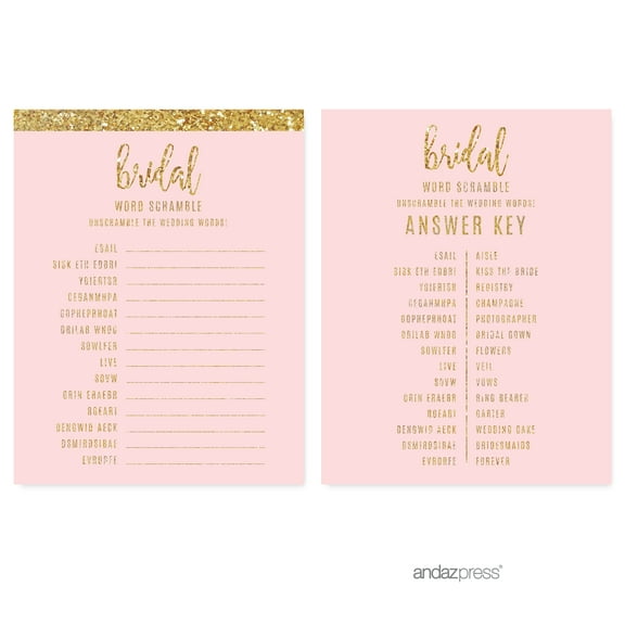 Word Scramble  Blush Pink Gold Glitter Print Wedding Bridal Shower Game Cards, 20-Pack