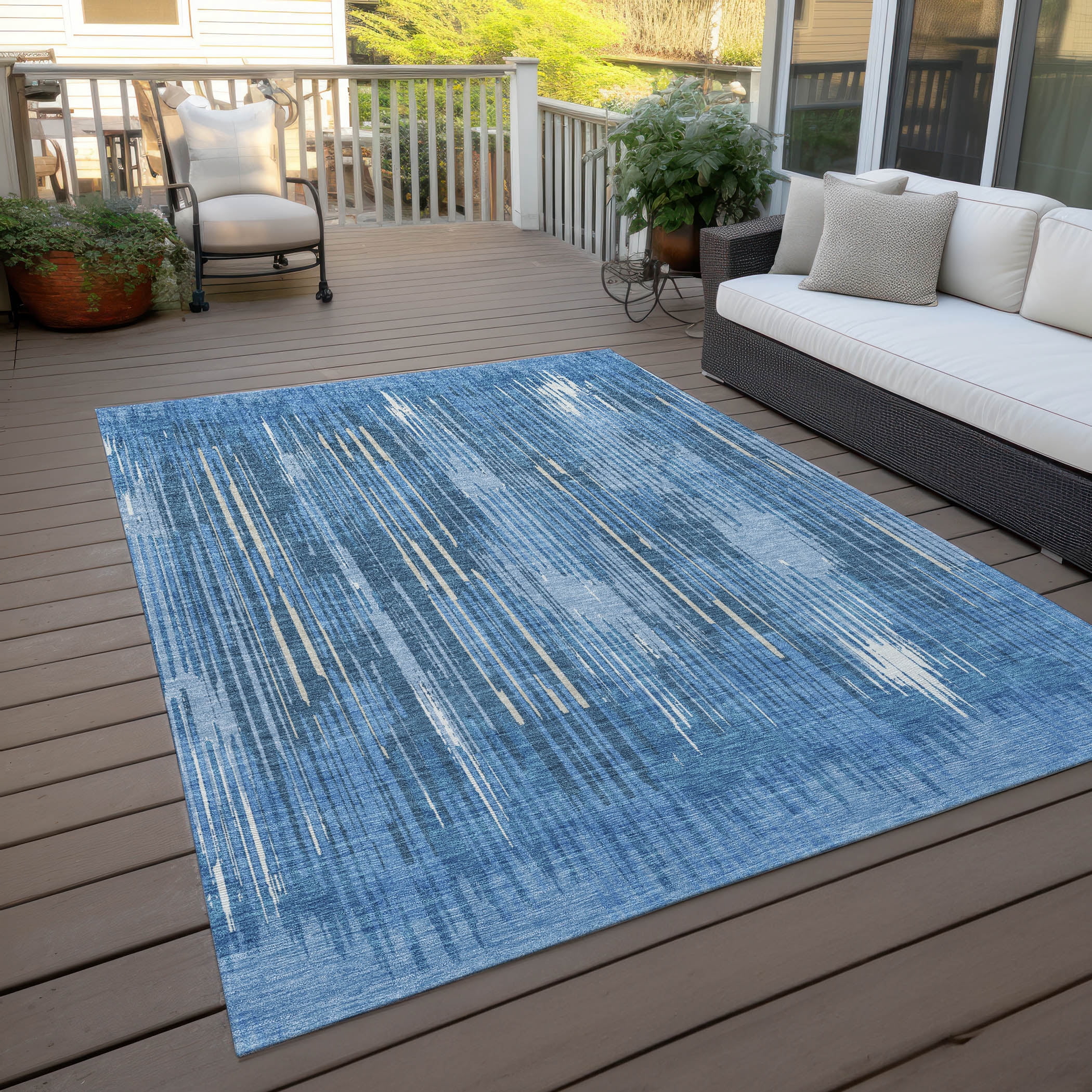 Addison Rugs Chantille Indoor/Outdoor Transitional Stripes Blue Washable Rectangle Rug, 8' x 10'