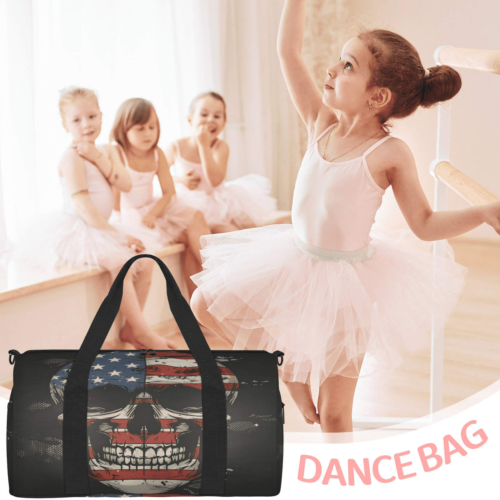 Herdesigns Skull American Flag Travel Duffle Bag Sports Yoga Weekender Overnight Carry on Workout Bags Lightweight Waterproof Gym Tote Bag for Women
