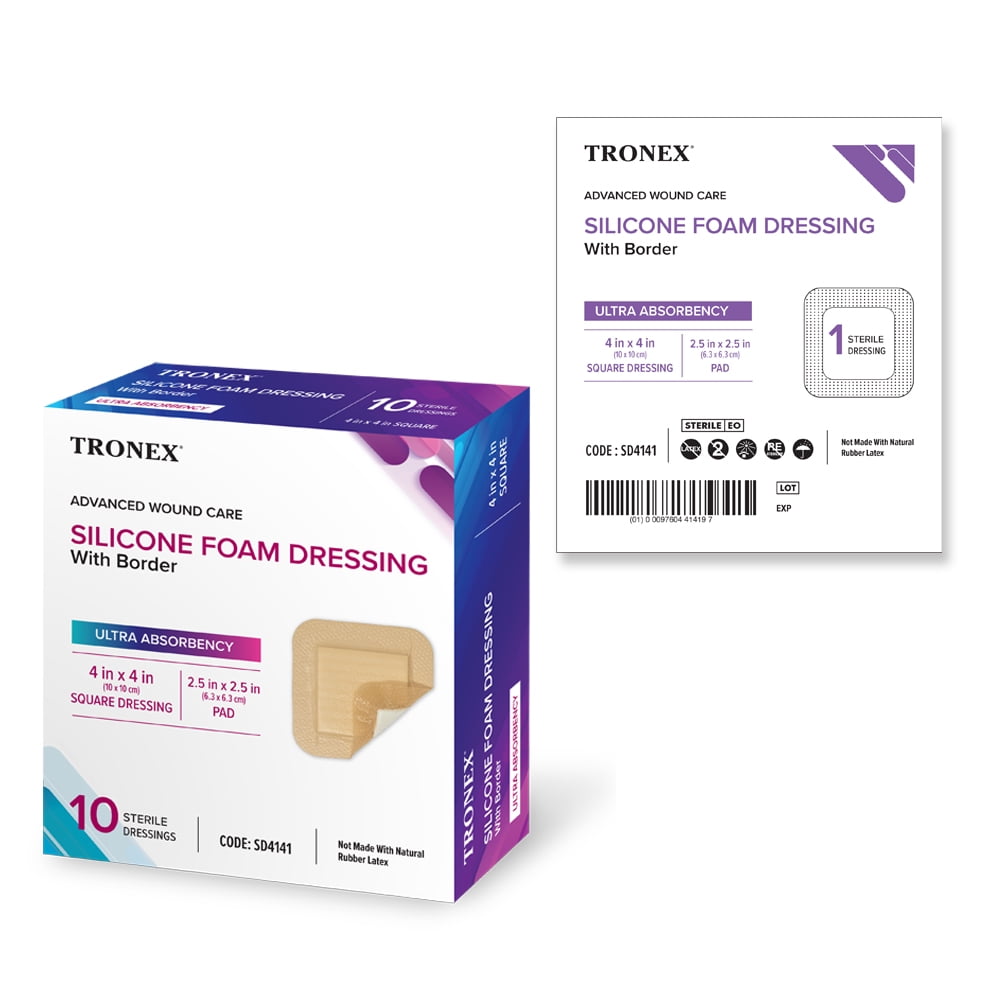 Tronex Silicone Foam Dressing with Border, 4'' X 4'' (2.5'' X 2.5'' Pad), Box of 10