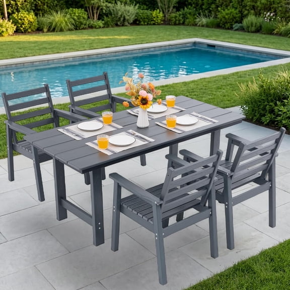 5-Piece Outdoor Dining Set, All-Weather HDPE Patio Furniture, 66.5" Slatted Table with 1.6" Umbrella Hole & 4 Ergonomic Armchairs, Heavy Duty 350lbs Capacity, UV Resistant, Gray
