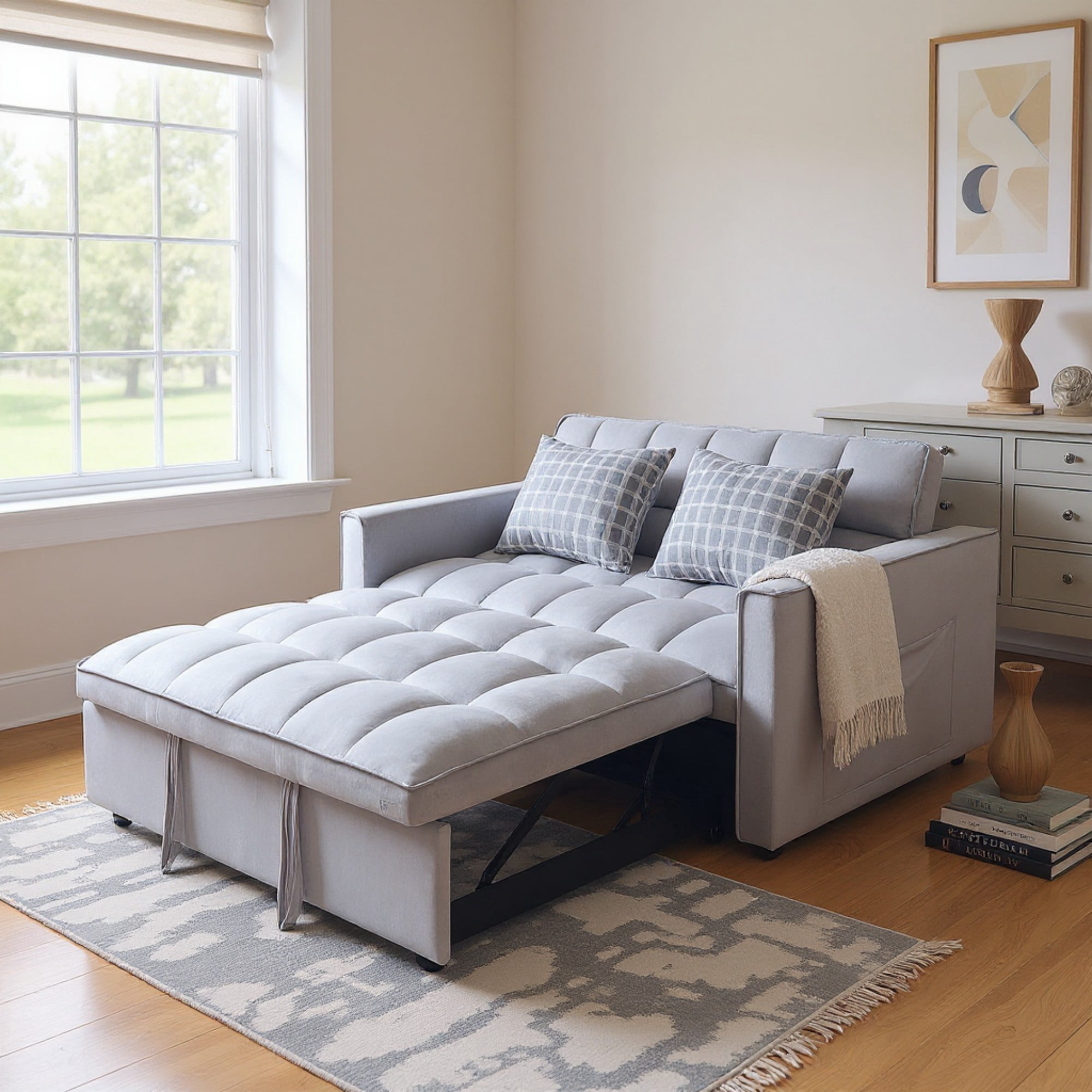 Gewnee 51.1 Inch Convertible Sofa Bed,Velvet Loveseat Sofa with Foldable Sofa Bed,Sleeper Sofa for Living Room or Office,Futon Sofa with Adjustable Backrest.Light Grey