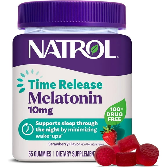 Natrol Time Release Melatonin 10 mg, Dietary Supplement to Help Minimize Wake Ups, Sleep Gummies for Adults, 55 Strawberry-Flavored Melatonin Gummies, Up to a 55 Day Supply