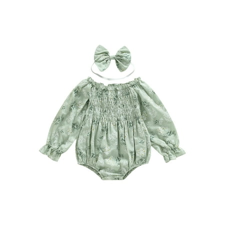 

Amuver Baby Girls Romper Set Long Sleeve Off-shoulder Pleated Flower Print Romper with Hairband