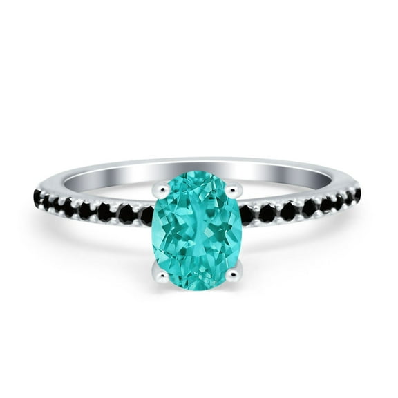 Accent Wedding Ring Black Simulated Paraiba Tourmaline CZ 925 Sterling Silver Size 7