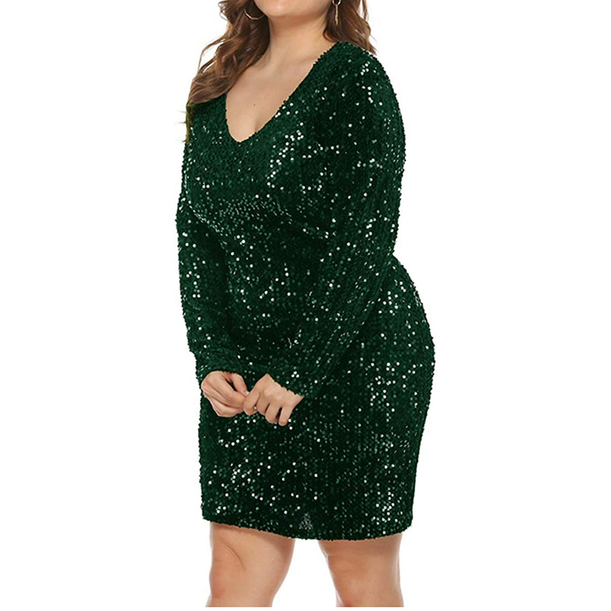 Zdew Womens Plus Size Sequin Dress V Neck Party Cocktail Sparkle Glitter Evening Stretchy Mini Bodycon Dresses Other Xx Large