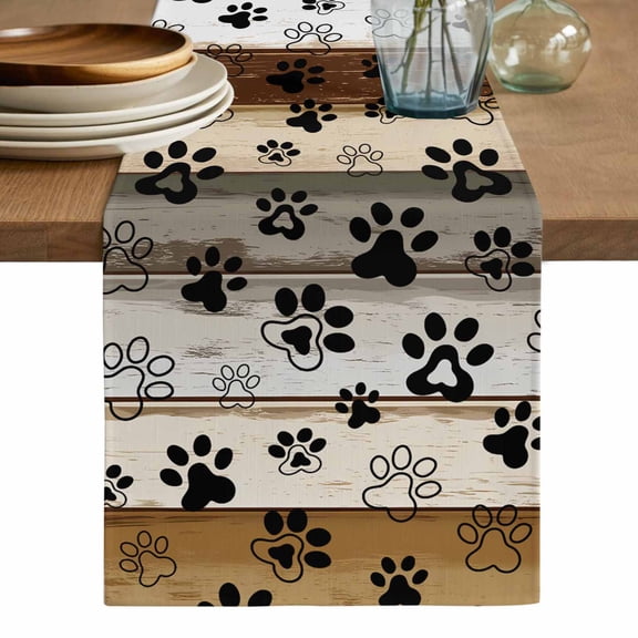 Brown Paw Print Table Runner, Vintage Farmhouse Country Wooden Grain Washable Cotton Linen Table Runners 48 Inches Long, Dresser Scarf Runner for Nightstand/Coffee/End Tables 13''x48''