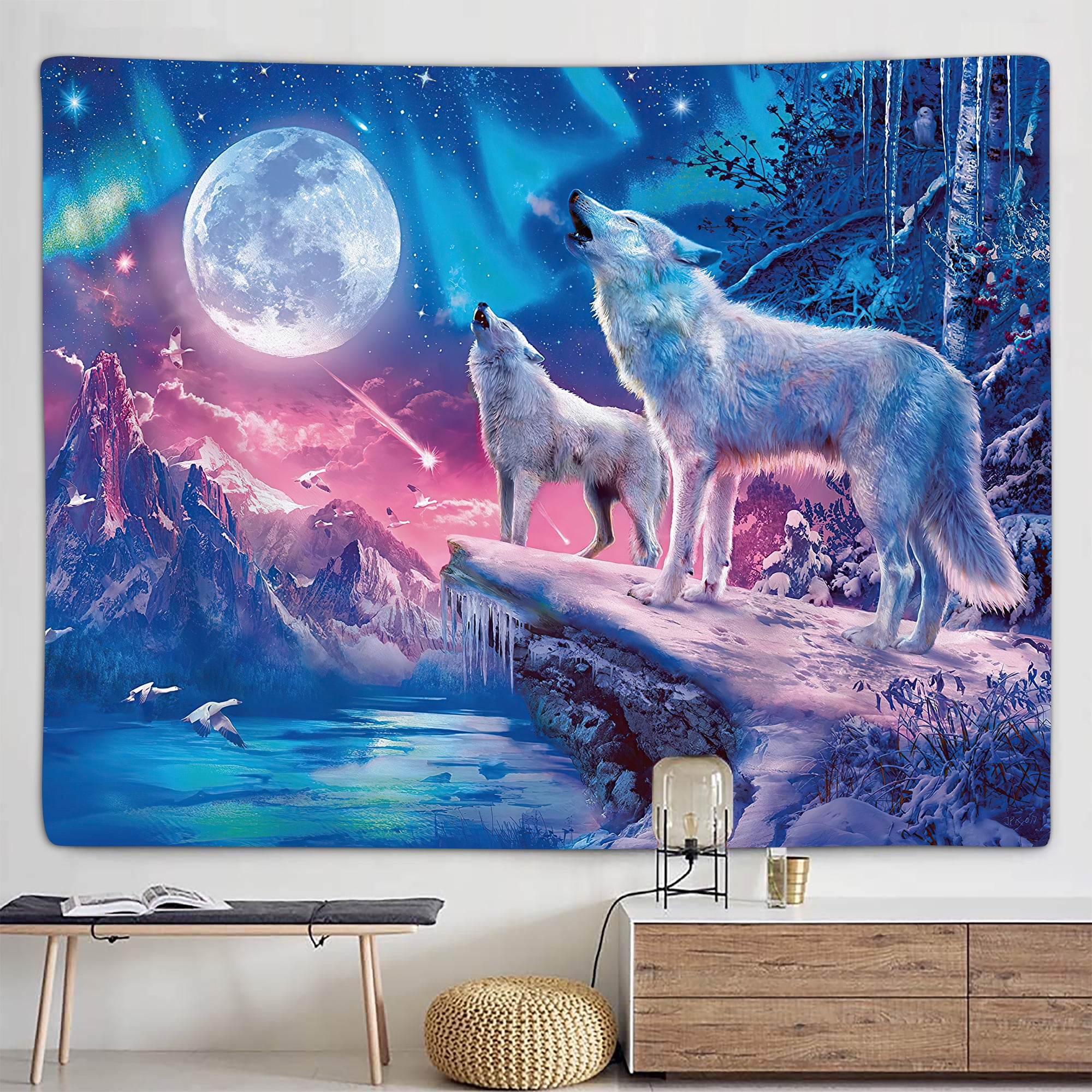 Animal Universe Galaxy Moon Trippy Hippie Psychedelic Wolf Wall Tapestry hanging 