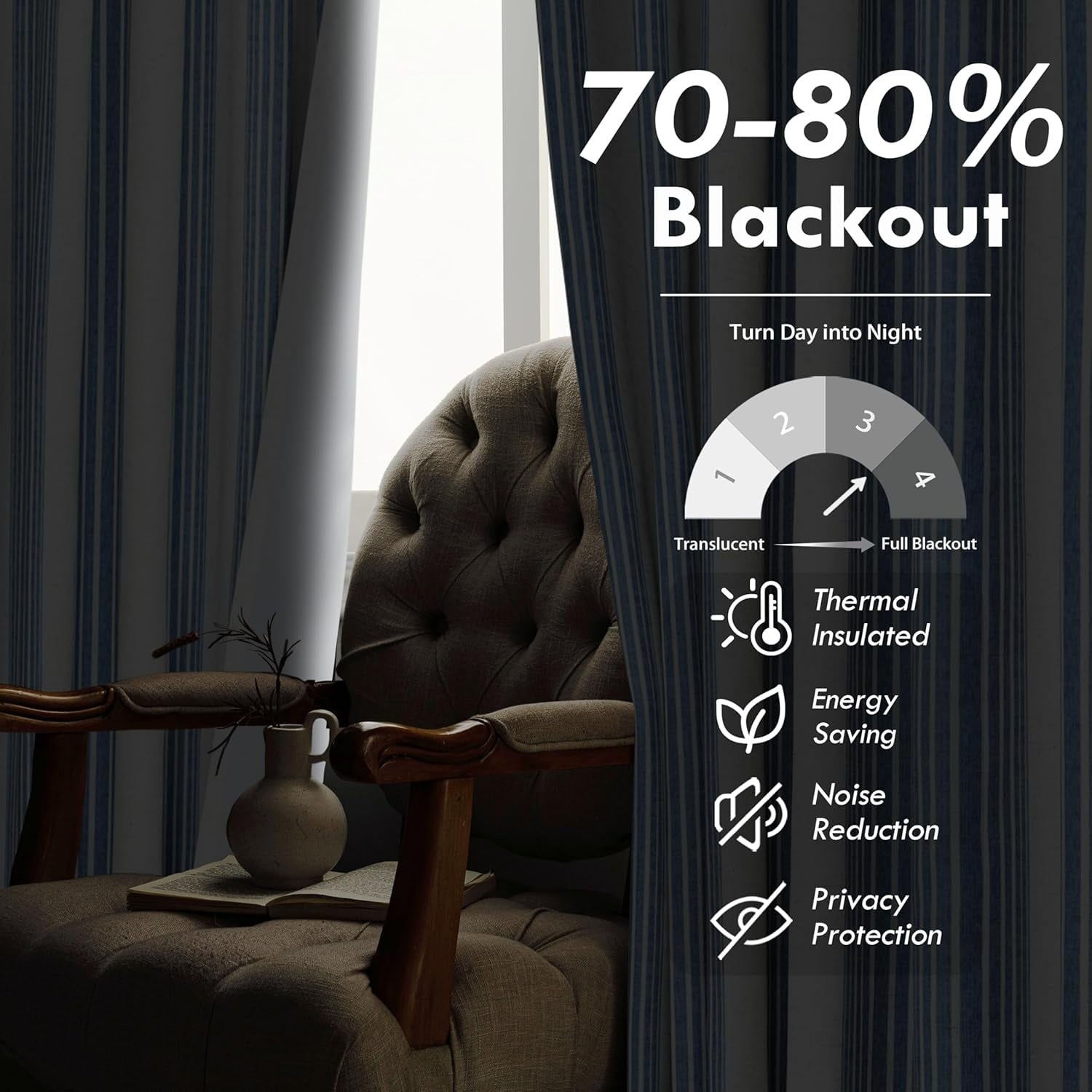 DriftAway Chris Vertical Striped Pattern Linen Blend Lined Thermal Insulated Blackout and Room Darkening Rod Pocket Back Tab Linen Curtains for Farmhouse Printed 2 Panel 52 Inch by 72 Inch Jean Navy
