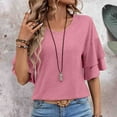 thumbnail image 4 of VERUGU Womens Tops Half Sleeve V-Neck Shirts Summer Casual Double Layer Sleeve Tee Trendy Solid Loose Tunic Blouses for Leggings Pink XL, 4 of 6