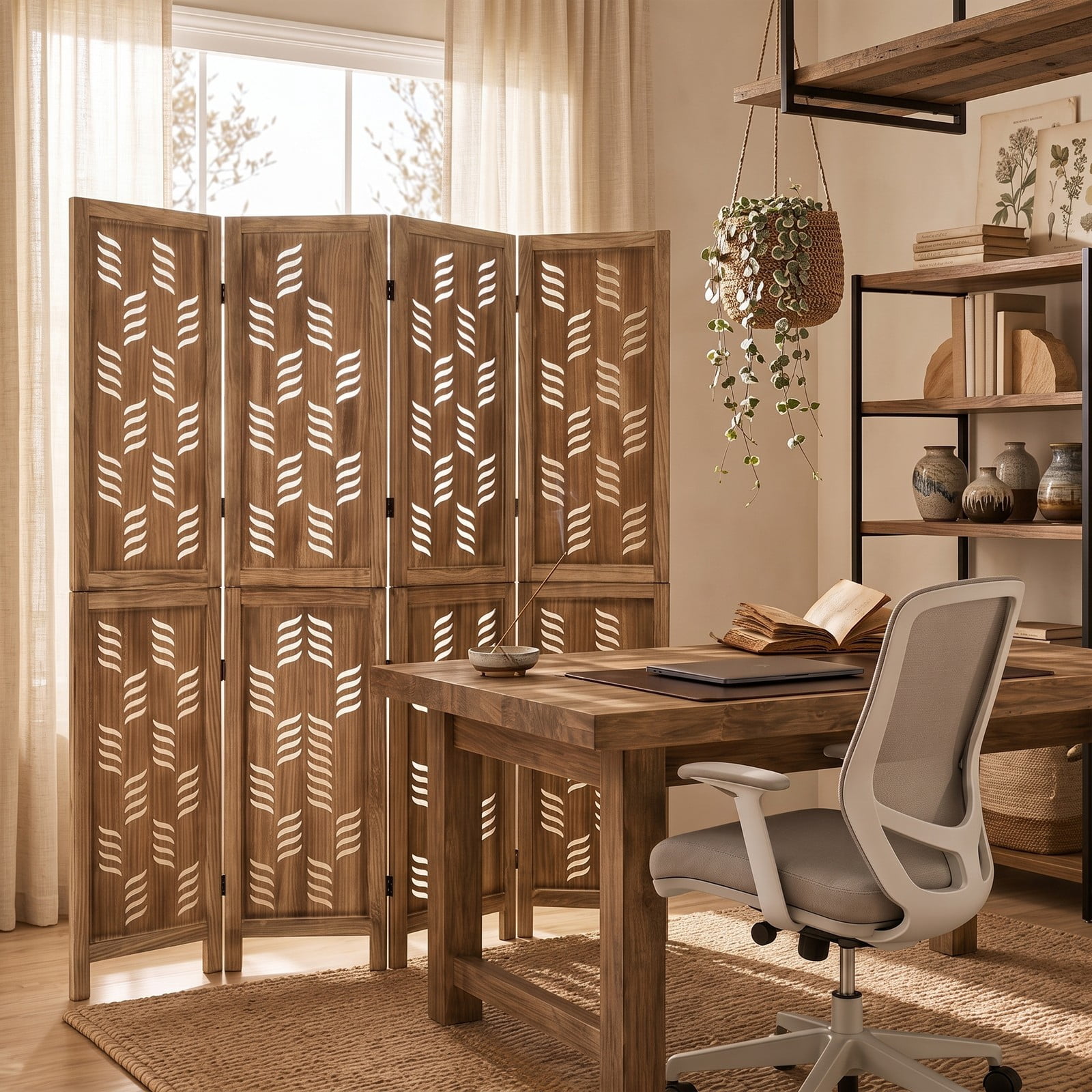 ALPULON 4-Panel Room Divider 5.5 FT Tall Folding Privacy Screen with Wave Cutout and Paulownia Wood Frame for Living Room Bedroom Office, Brown White