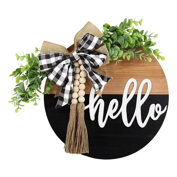 Hello Welcome Sign Front Door Rustic Hanging Spring Wreath Hello Door Sign Farmhouse Porch Wood Decor for Summer Fall Home Decor Wall Pediments with Tassel Wood Beaded