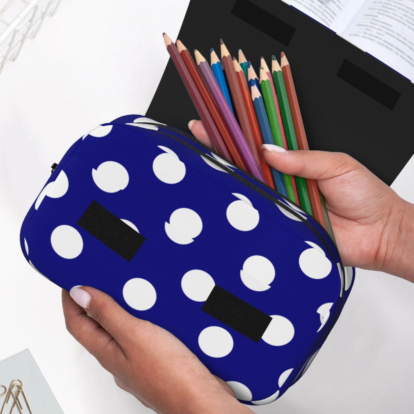 Rateoe Navy And White Polka Dot Pattern Double Clamshell Pen Case, Storage Organizer with Two Zipper Compartments– Holds Up to 50 Pencils & Pens