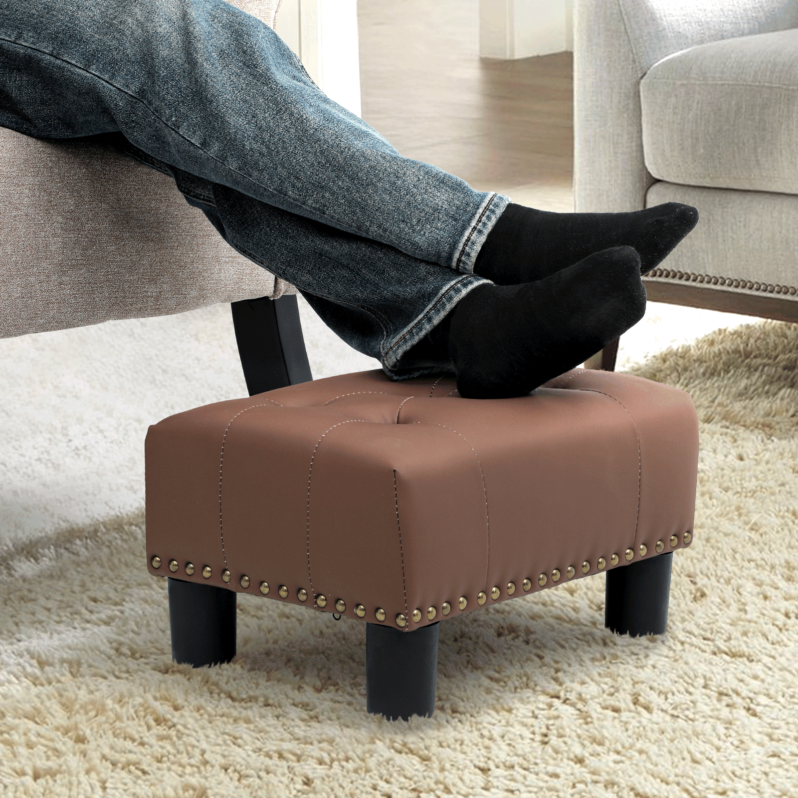 MoNiBloom Footstool Ottoman with Padded Seat, Modern PU Leather Footrest, Rectangular Seat Stool, Brown