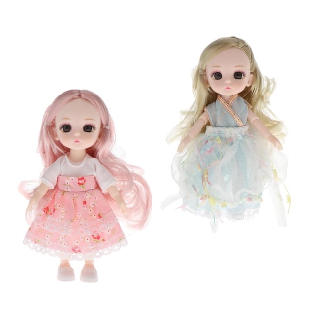 nueva muñeca de 16 ojos de articudos, ropa facial, conjunto completo y cuticat muñeca bjd de 16cm nueva muñeca BJD CUTICAT de 16 cm, dos unidades frontales sobre fondo blanco; cuerpo de plástico con 13 articulaciones y cabello liso peinable, una con vestido rosa estampado y blusa blanca y otra con vestido azul de tul con cintas, ropa y zapatos removibles diseñados para manos pequeñas, adecuada para practicar peinados.