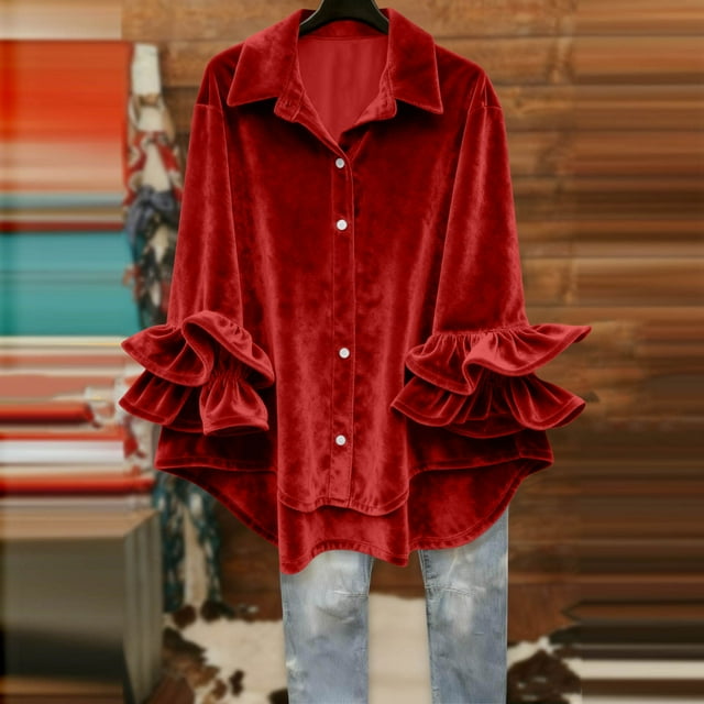 TaTaai Three Quarter Sleeve Pullover Women, Ruffle Trim Loose Fit Top, Soft Casual Sweatshirt Blouse, Festive Holiday Wear for Thanksgiving Christmas Gift
