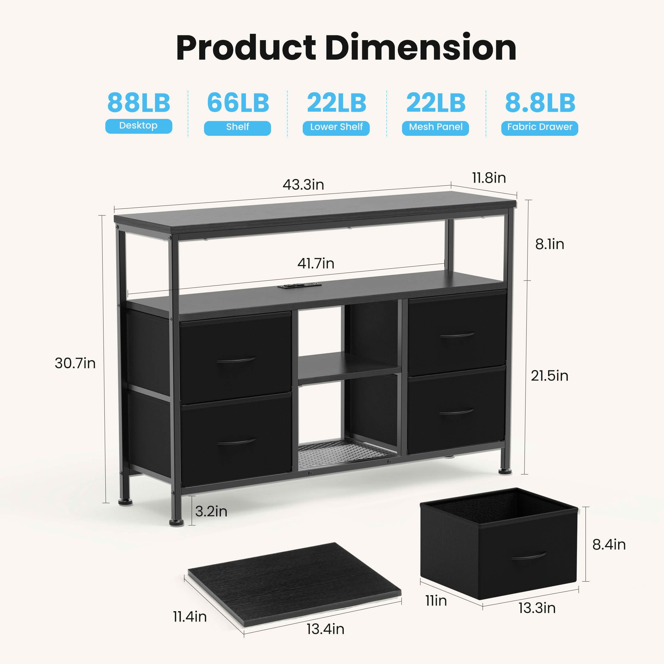 MAYEERTY 50-Inch TV Stand with 4 Drawers LED Lights & Power Sockets, Open Shelves Adjustable Feet