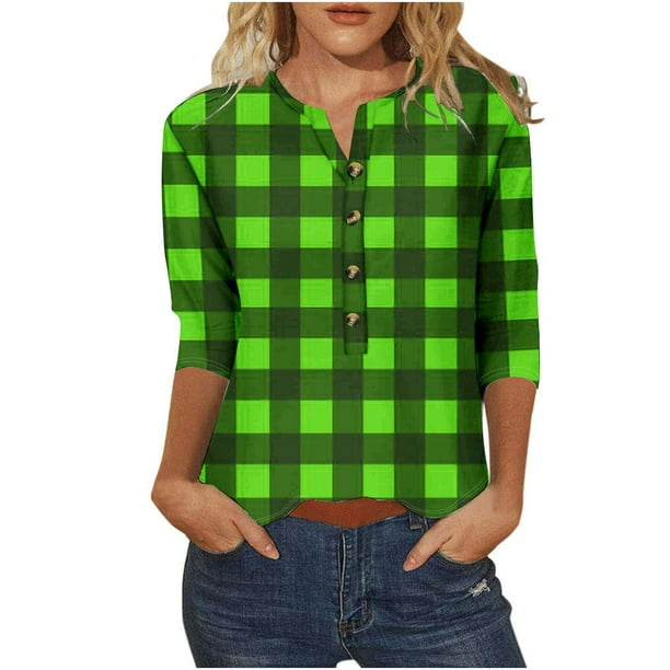 3/4 Manga Superior Impresa Botón Suelto Cuello Redondo Camiseta, Tops Sueltos para las Mujeres