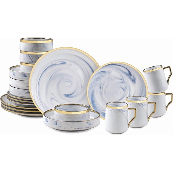 20 Piece Plates and Bowls Sets, Fine China Artisan Marbled Dinner Set for 4, Microwave and Dishwahser Safe, Scratch Resistant, Blue with Gold Line