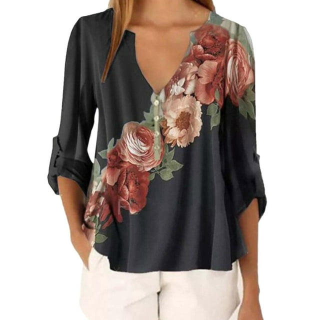 facefd Blouse Imprimée Col en V Manches Longues Ample Blouse Imprimée Femme Haut Noir TG