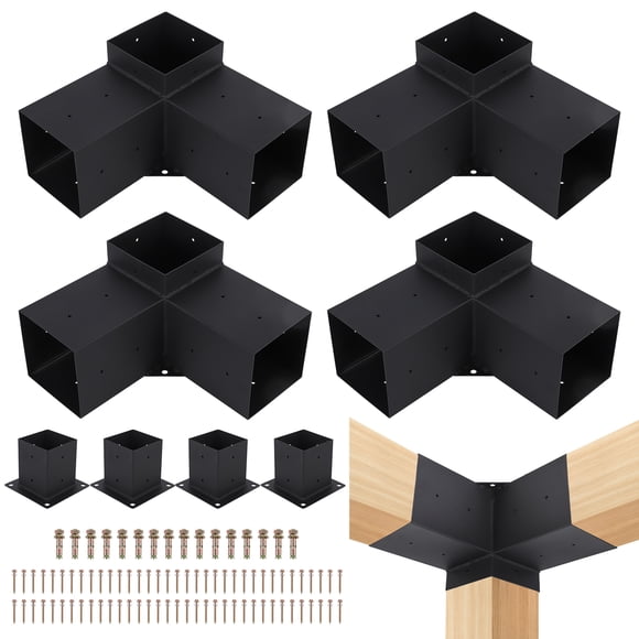 4x4 Pergola Hardware Kit Powder Coated Black, Heavy Duty Steel Corner Brackets 3 4 Way with Base and Screws, Outdoor Gazebo Patio Post Support Set