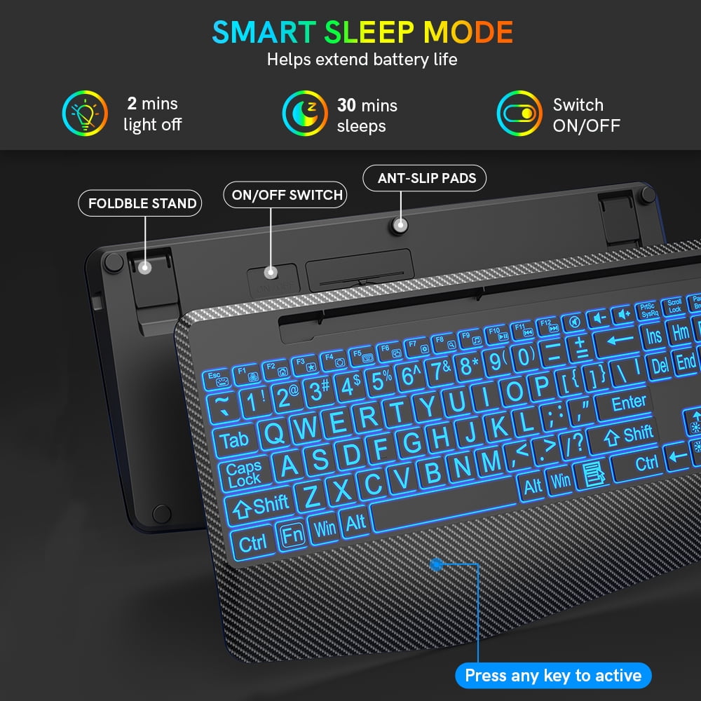 Wagpak 7 Colored Backlits Wireless Keyboard with Wrist Rest, Black, New