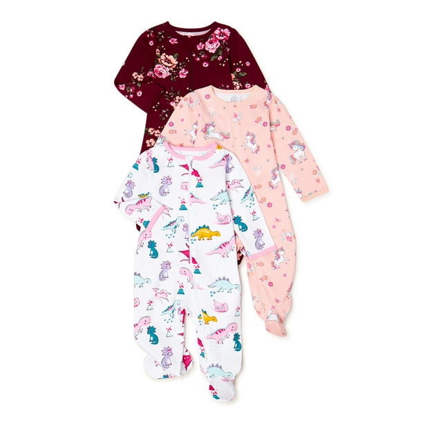 Wonder Nation Newborn Baby Girl Sleep and Play Pajamas, 3 Pack, Preemie6/9 Months