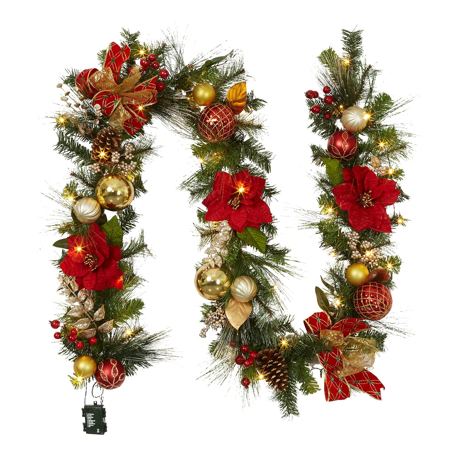 Prelit Christmas Garland, 9 ft Battery Operated Christmas Garland with 40 LED Lights, Ball