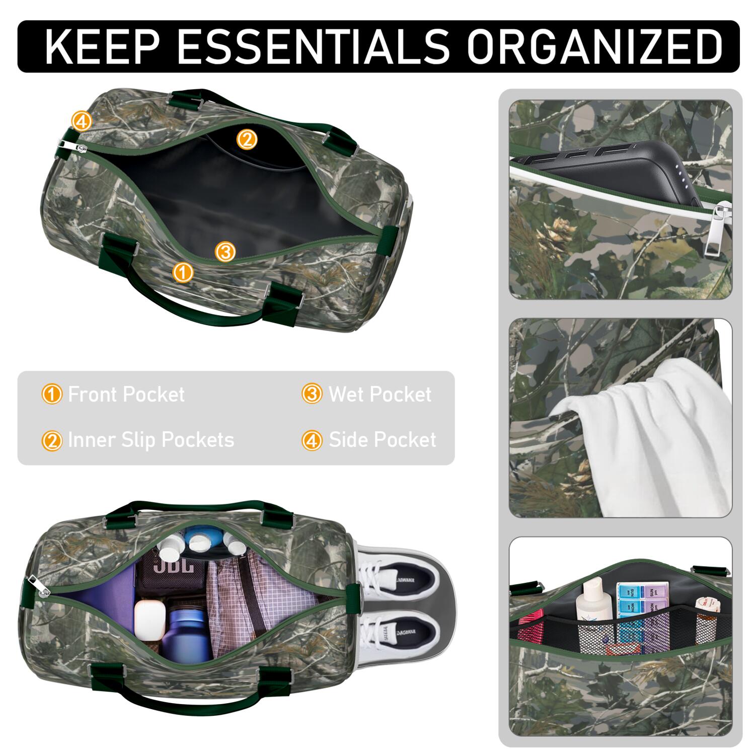 Camo Mens Gym Tote Duffle Bag with Wet Pocket & Shoe Compartment, Travel Duffel Bag Overnight Weekender Hospital Tote Girls Workout Carry on Bag with Luggage Sleeve