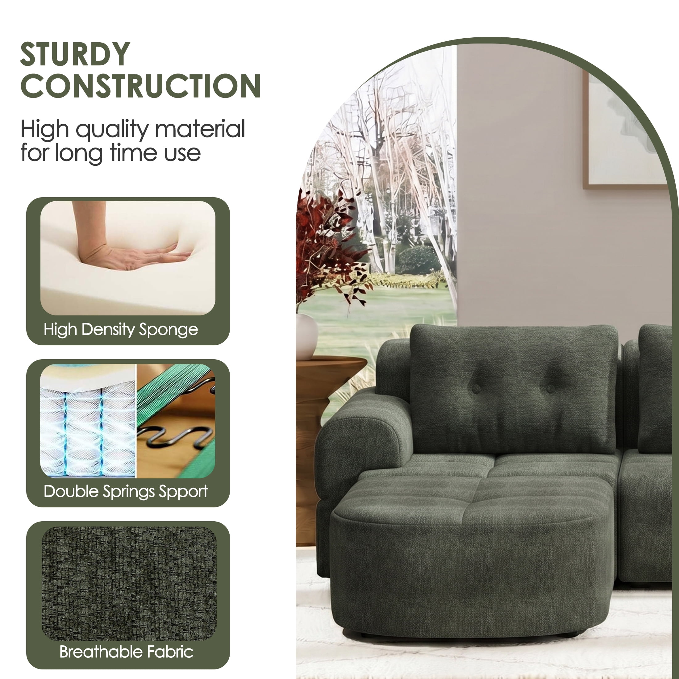 AISWORD 112" Modern L Shaped Modular Sectional Sofa, Cloud Sectional Deep Seat Couch, 4 Seater High-Density Memory Foam Couch Chenille Sofa, Boneless Couches for Living Room, No Assembly, Green