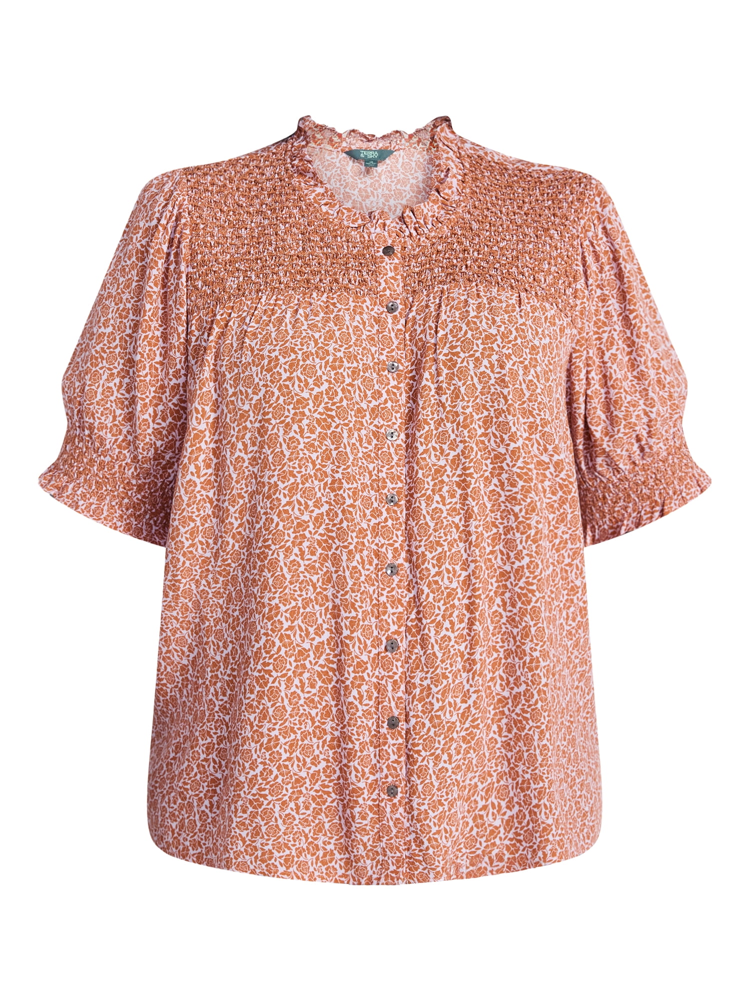 Terra & Sky Women's Plus Size Smock Yoke Top with Elbow Sleeves, Sizes 0X-5X