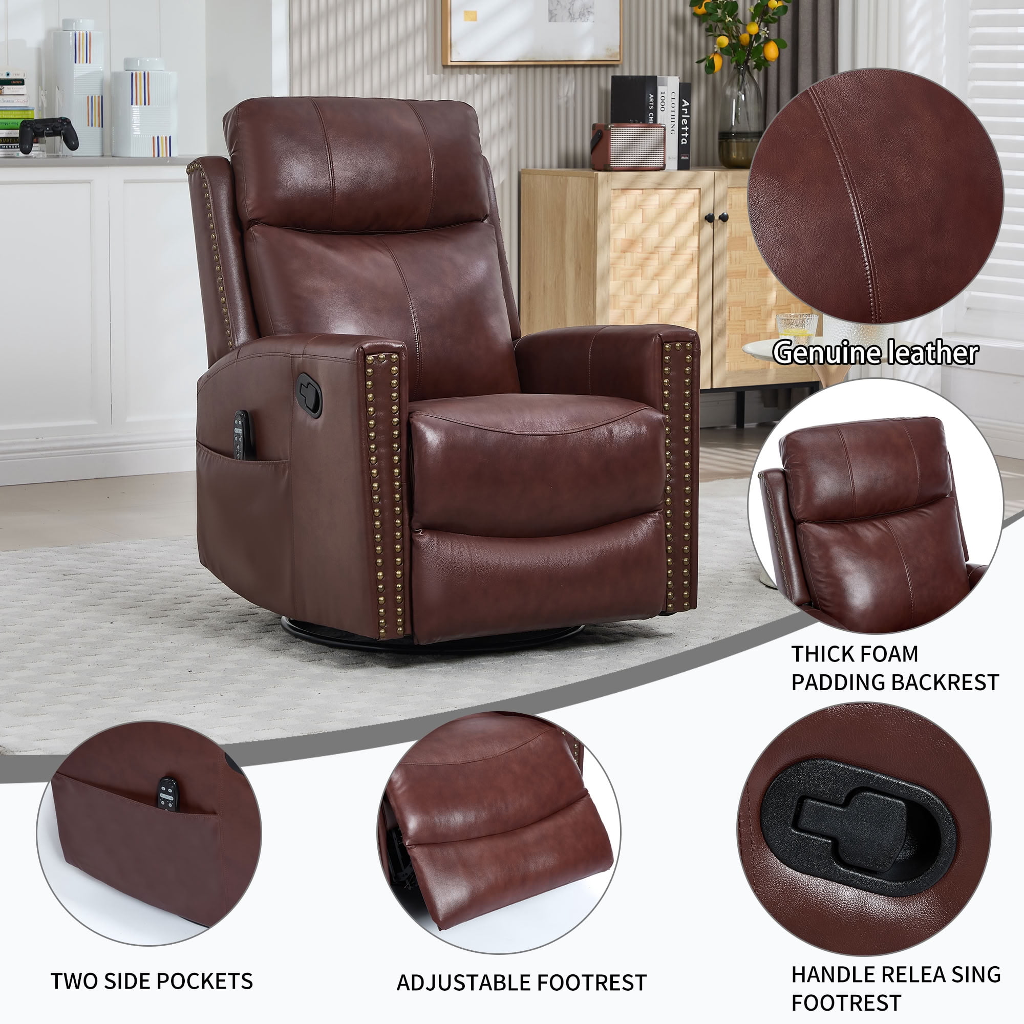 MAYEERTY Genuine Leather Swivel Recliner Chair, Manual Rocker Lounge Chair with 8-Point Massage & Lumbar Heat, for Living Room Home Theater