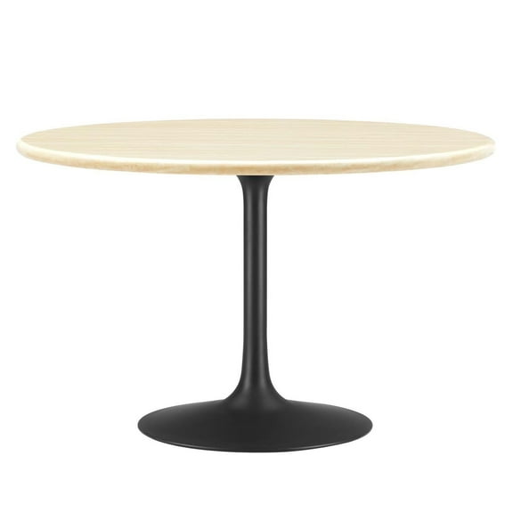 48 Inch Dining Table, Black Natural, Artificial Marble, Metal Steel, Round, Kitchen Cafe Bistro Hospitality Restaurant, Modern Contemporary HB36330
