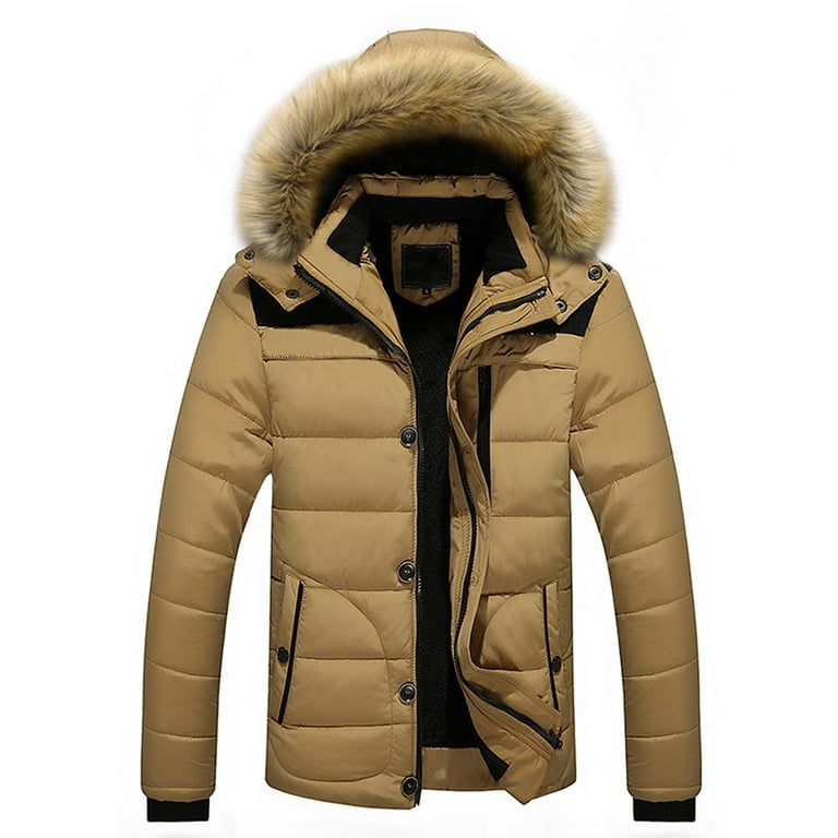 LoyisViDion Men Outdoor Warm Winter Thick Jacket Hooded Coat Jacket with  Zipper Pocket Khaki M