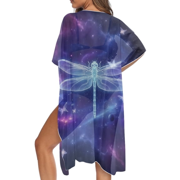 SCRAWLGOD Galaxy Dragonfly Butterfly Print Long Kimono Swimsuit Coverup for Women Soft Breathable Bathing Suit Cover Up Summer Beach Cover Up